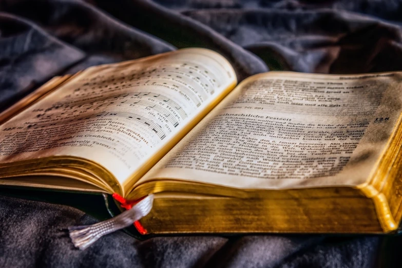 an open book sitting on top of a bed, by Franz Hegi, pexels, baroque, singing, edited, the lord and savior, detaild