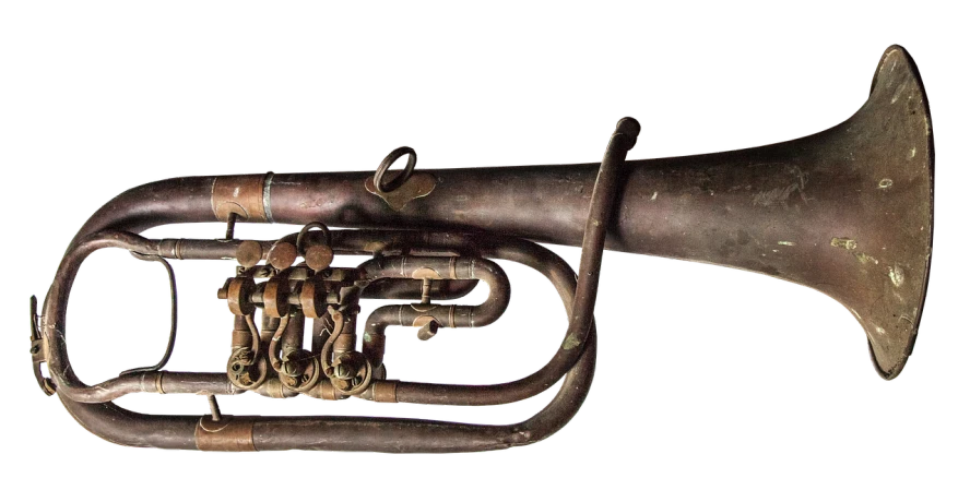 a close up of a musical instrument on a black background, concept art, by Samuel Birmann, a photograph of a rusty, brass instruments, ww 1, highly detailed masterpiece