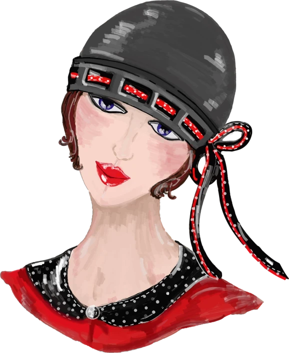 a drawing of a woman wearing a hat, a digital painting, inspired by Christian Rohlfs, pixabay contest winner, red headband, 1 9 2 0 s cloth style, red and black colors, fashionable woman