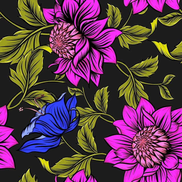 a pattern of flowers and a butterfly on a black background, a digital painting, behance contest winner, process art, dayglo pink blue, clematis design, floral clothes ”, sharp high detail illustration