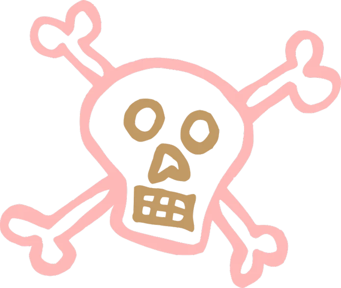 a drawing of a skull and crossbones on a white background, by Unkoku Togan, pink, けもの, pirate setting, gold
