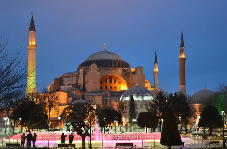 a large building with a fountain in front of it, by Tom Carapic, flickr, hurufiyya, with great domes and arches, beautiful and spectacular dusk, byzantine mosaic, -640