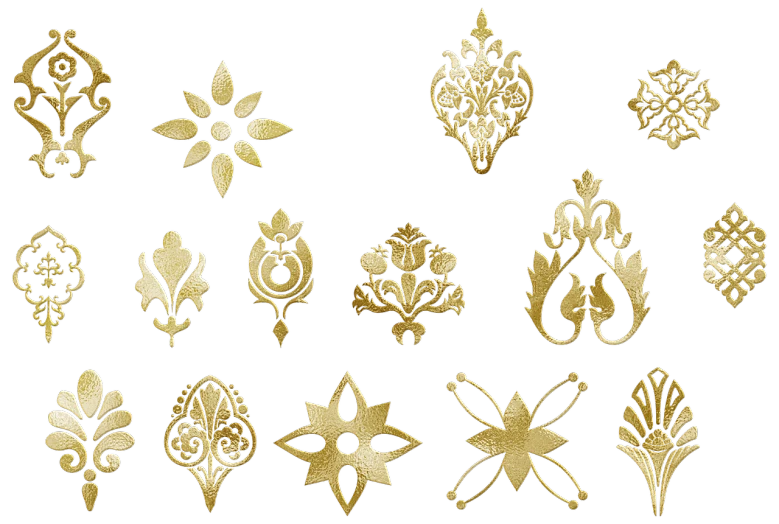 a bunch of gold brooches on a black background, a digital rendering, inspired by Master of the Embroidered Foliage, deviantart, baroque, intricate triangular designs, intricate border designs, various sizes, 14th century