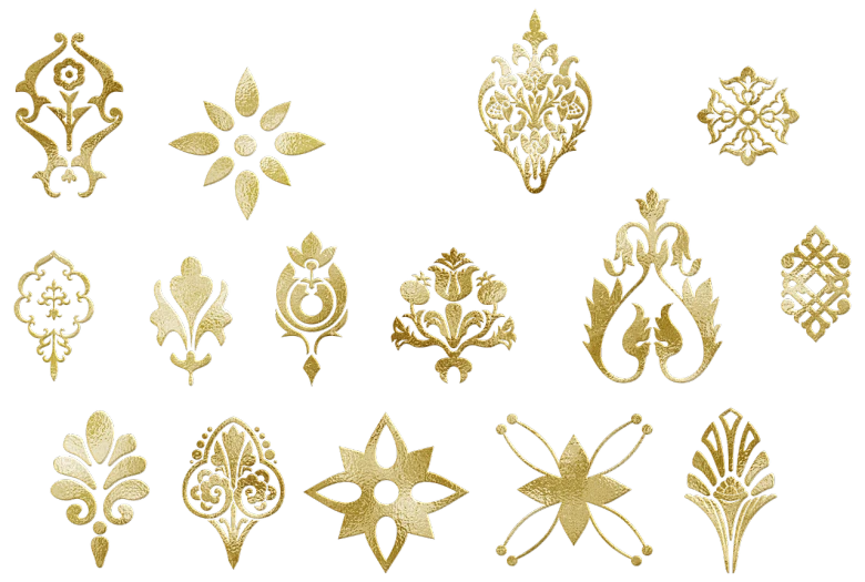 a bunch of gold brooches on a black background, a digital rendering, inspired by Master of the Embroidered Foliage, deviantart, baroque, intricate triangular designs, intricate border designs, various sizes, 14th century