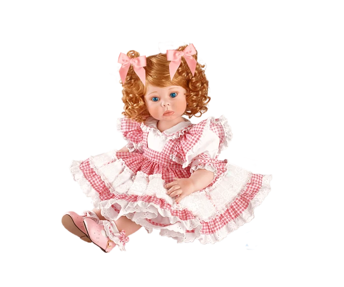 a close up of a doll on a black background, inspired by Margaret Brundage, digital art, professional high quality scan, wearing a pink dress, 1997, frilly outfit