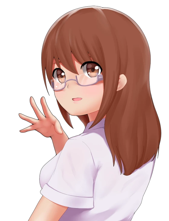 a close up of a person wearing glasses, inspired by Un'ichi Hiratsuka, pixiv, anime style. 8k, hands behind her body pose!, cel - shaded art style, brown hair and bangs