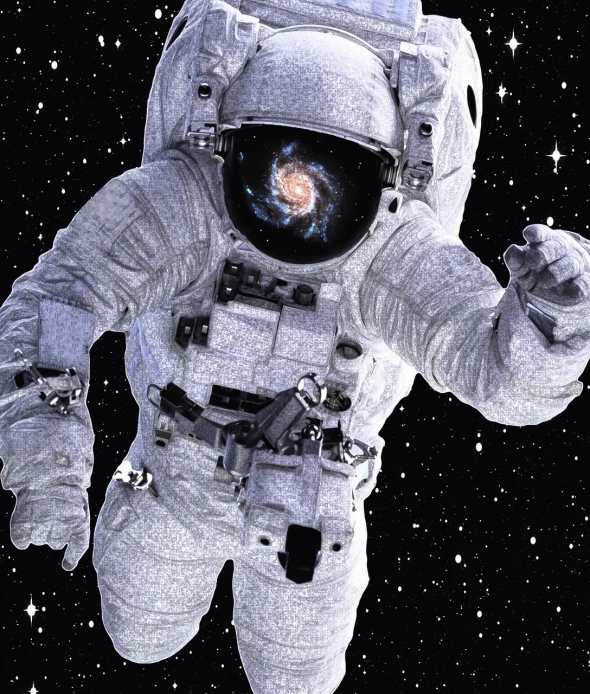 a close up of a person in a space suit, inspired by Alan Bean, space art, view of the one spiral galaxy, digital collage, space walk scene, triumphant pose