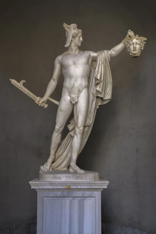a statue of a man holding a sword, a statue, by Antonio Canova, shutterstock, with trident and crown, anato finnstark. front view, gray men, pre renaissance art