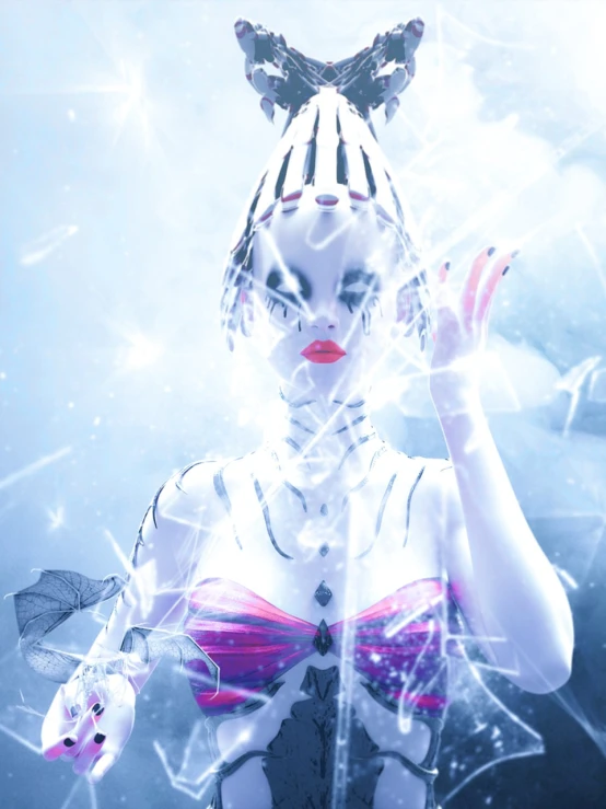 a close up of a person wearing a costume, digital art, inspired by Ai-Mitsu, ice queen, mime, light effect. modern fantasy, nagel