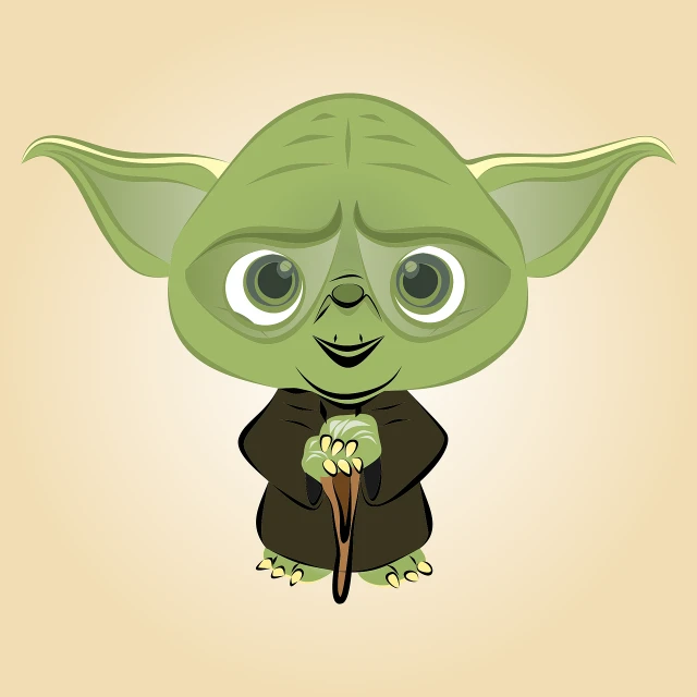 a cartoon yoda is holding a cane, vector art, neo-dada, cute little creature, a beautiful artwork illustration, rey, big shiny eyes