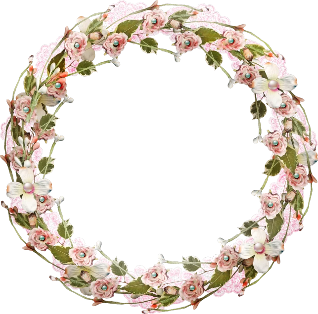 a wreath of flowers and leaves on a black background, a digital rendering, by George Barret, Jr., art nouveau, diamond and rose quartz, rondel, photorealistic 35mm, added detail