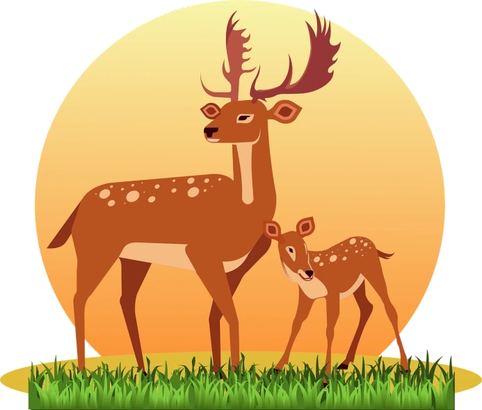 a couple of deer standing next to each other, a digital rendering, naive art, sun down, clipart, maternal, a beautiful artwork illustration