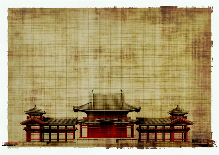 a picture of a building with a red door, a detailed matte painting, inspired by Torii Kiyomitsu, sōsaku hanga, on old paper, temple of heaven, perfect symmetrical image, stock photo