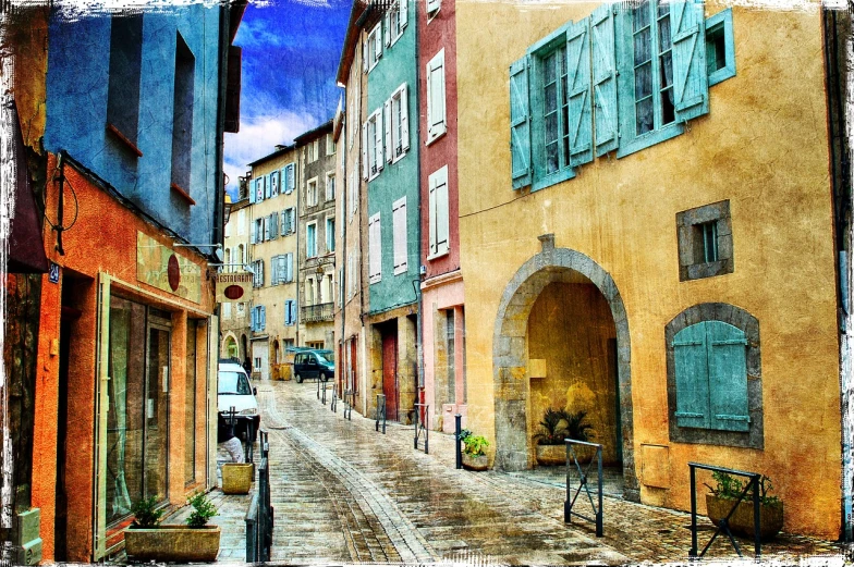 a person walking down a street with an umbrella, a photo, by Marius Borgeaud, shutterstock, art nouveau, french village exterior, texturized, pastels colours, beautiful”