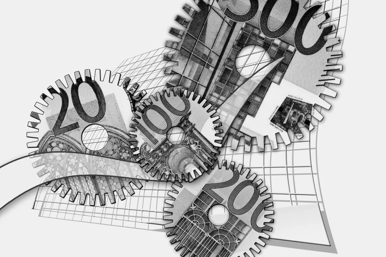 a bunch of gears sitting on top of a piece of paper, a digital rendering, by Matija Jama, trending on pixabay, constructivism, zoomed view of a banknote, black-and-white, 2000s photo, 3d wireframe