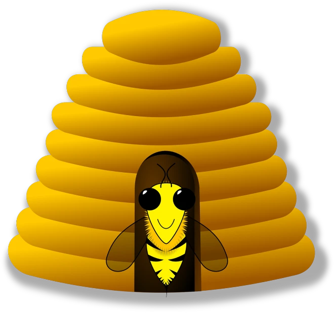 a bee sitting in front of a beehive, an illustration of, naive art, mascot illustration, rounded roof, basic photo, cone shaped