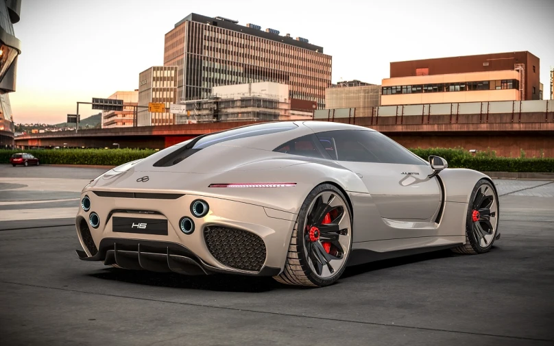 a silver sports car parked in a parking lot, a 3D render, inspired by Harry Haenigsen, tumblr, hq 4k wallpaper, hydrogen fuel cell vehicle, rear shot, a tvr sagaris