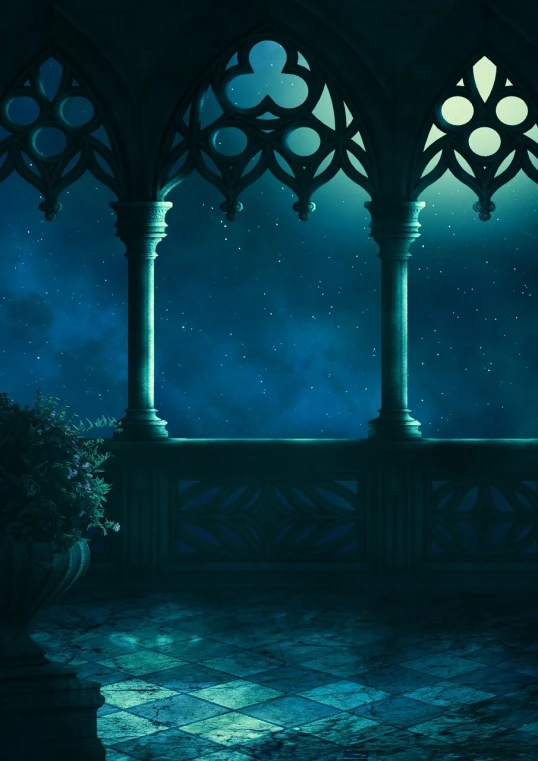 a window with a view of the night sky, a matte painting, inspired by Luigi Kasimir, gothic art, adorned pillars, royal garden background, mobile wallpaper, stage background