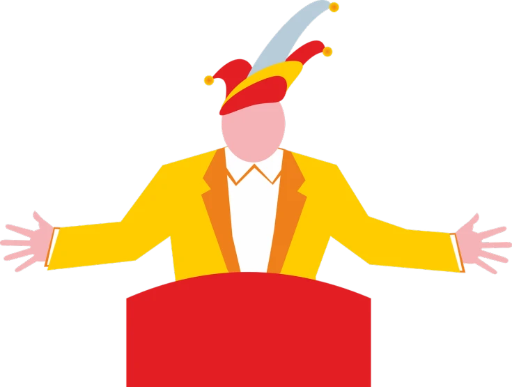 a man in a jester hat standing behind a podium, by Allen Jones, trending on pixabay, figuration libre, yellow and red color scheme, lapel, donald trump clown, feather suit