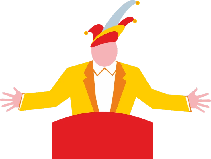 a man in a jester hat standing behind a podium, by Allen Jones, trending on pixabay, figuration libre, yellow and red color scheme, lapel, donald trump clown, feather suit