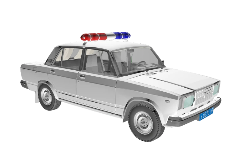 a police car with lights on top of it, an ambient occlusion render, by Andrei Kolkoutine, polycount, photorealism, russian lada car, seventies, detailed 2d illustration, animation style render