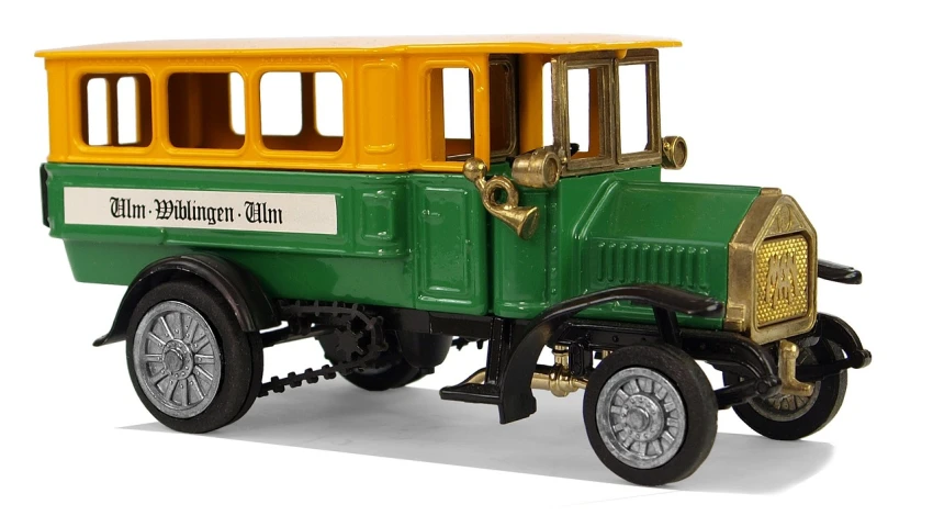 a green and yellow toy truck on a white surface, by Armin Baumgarten, trending on pixabay, fine art, steampunk car, public bus, year 1 9 1 4, header text”