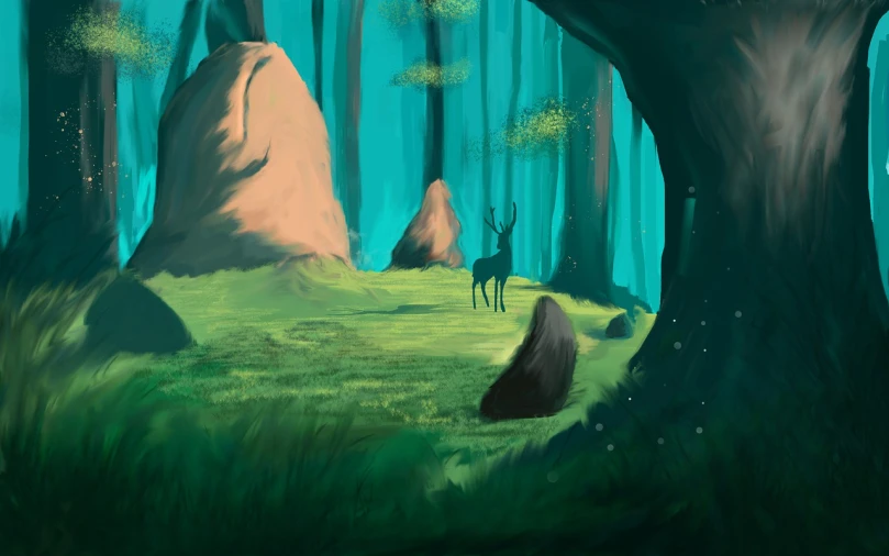 a painting of a deer in a forest, a digital painting, inspired by Albert Bierstadt, fantasy art, concept art design illustration, wip, simple stylized, serene illustration