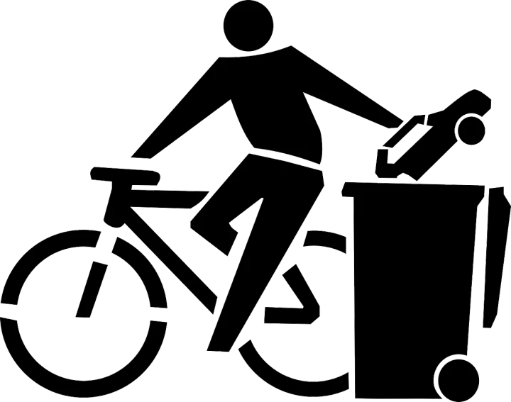 a man riding a bike next to a trash can, pixabay, conceptual art, icon black and white, man and machine, photocopied, logo