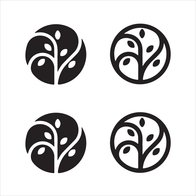 four black and white trees in a circle, vector art, 2d solid shape logo, leaf, earring design, ying and yang