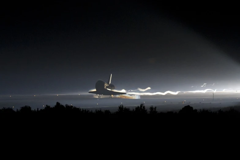 a space shuttle taking off into the night sky, a picture, by Dan Scott, flickr, light and space, on the runway, dust partiles in the air, morning glow, back turned