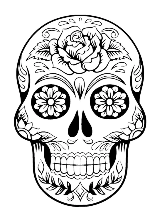 a sugar skull with roses on it, lineart, by Robert Zünd, trending on pixabay, fine art, rectangular, glass skull, black on white only, logo without text