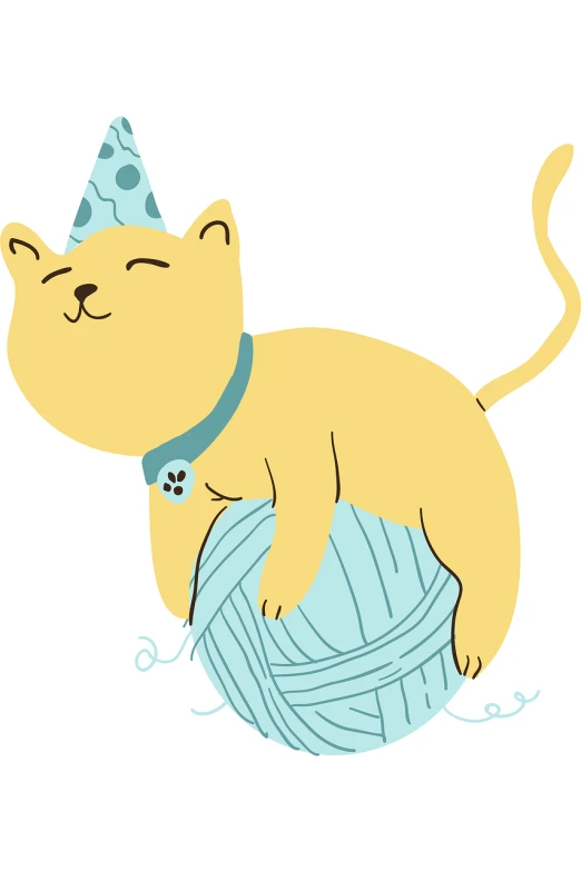 a cat laying on top of a ball of yarn, shutterstock, process art, at a birthday party, svg illustration, knitted hat, blue and yellow color theme