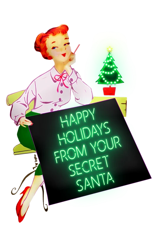 a woman holding a sign that says happy holidays from your secret santa, by Bernie D’Andrea, pixabay, naive art, 1 9 5 0 s scifi, corporate holograms, secret shady laboratory, stock photo