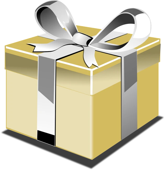 a yellow gift box with a silver ribbon, inspired by Masamitsu Ōta, pixabay, computer art, black and white and gold”, & a dark, aluminium, modern”