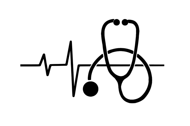 a stethoscope with a heartbeat on it, a picture, pixabay, black and white vector art, istock, health bar hud, thick and thin lines