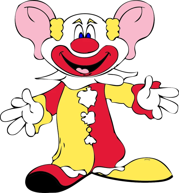 a cartoon clown in a red and yellow outfit, mouse photo, scanned 2400 dpi, full color illustration, looking happy