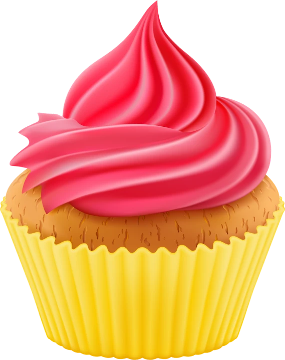 a cupcake with pink frosting on top, a digital rendering, shutterstock, black and yellow and red scheme, smooth detailed, uncompressed png, david normal