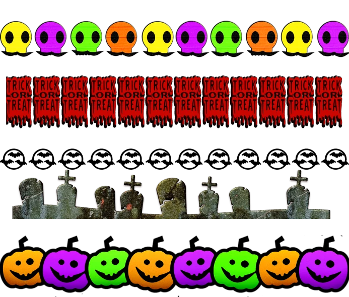 a group of pumpkins sitting on top of a pile of tombstones, a digital rendering, inspired by John Carpenter, graffiti, rainbow neon strips, ((skull)), spritesheet, dark eerie movie frame