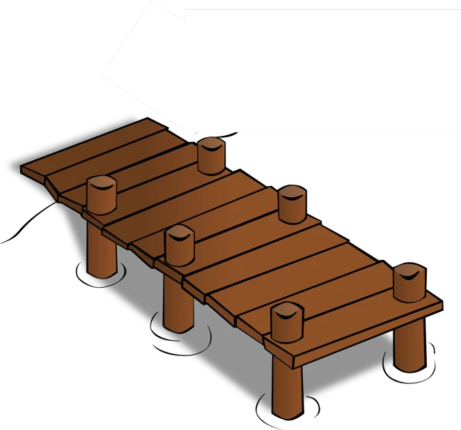 a wooden bridge with two arrows pointing in opposite directions, inspired by Watanabe Shōtei, conceptual art, simple cartoon, port scene background, with furniture overturned, bottom - view