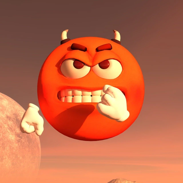 an orange ball with horns sticking out of it's mouth, inspired by Heinz Anger, digital art, mars as background, scary angry pose, sad emoji, rendered in sfm
