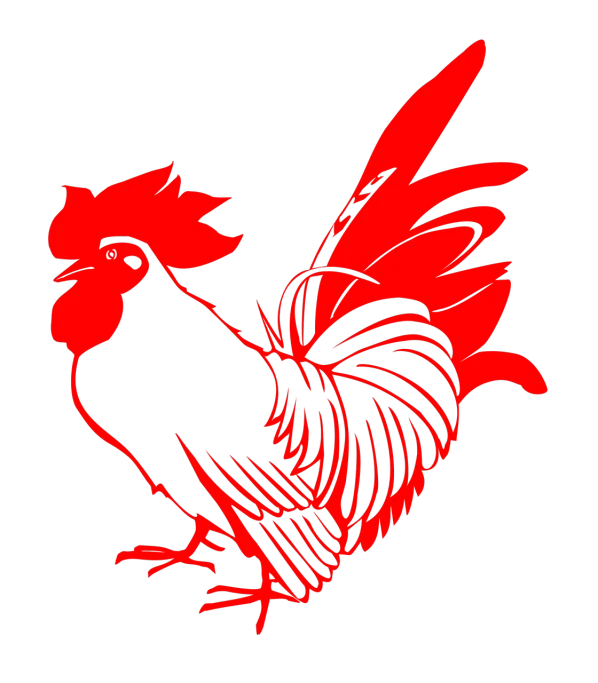 a red rooster on a black background, an illustration of, inspired by Kōno Michisei, sōsaku hanga, red neon, black stencil, mid shot photo