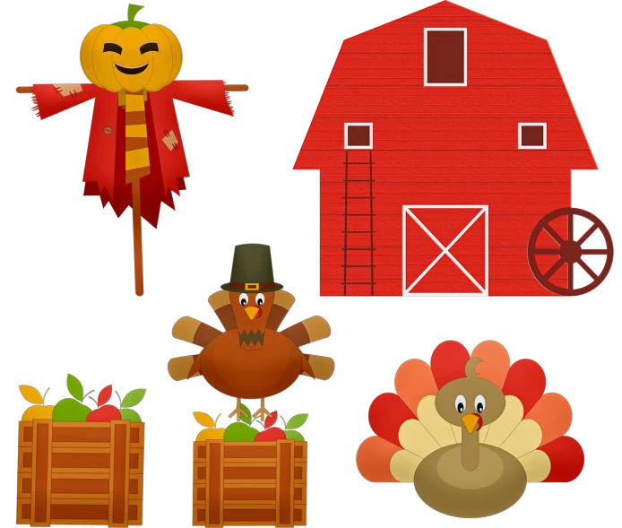 a turkey, a pumpkin, a scare, and a barn, pixabay, folk art, game resources, units, cut and paste collage, red color theme