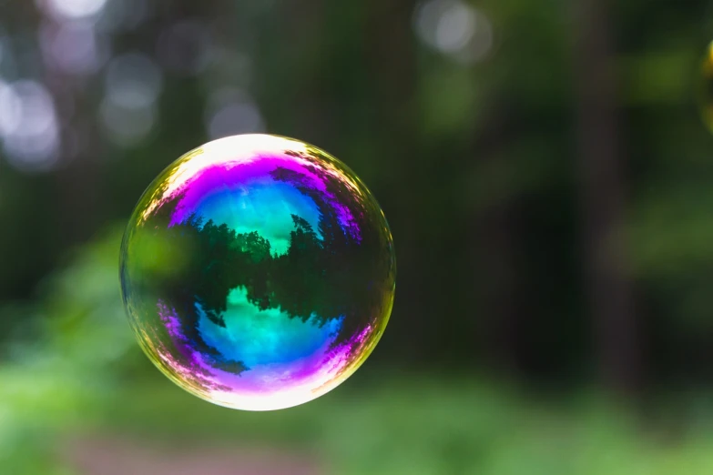 a close up of a soap bubble with trees in the background, a picture, by Jan Rustem, shutterstock, rainbow reflection, tilt shift mirror background, slight motion blur, stock photo