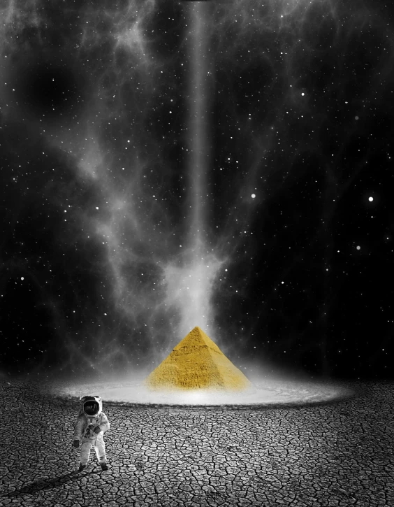 a black and white photo of an astronaut in front of a pyramid, a picture, by Julia Pishtar, pixabay contest winner, surrealism, a boy made out of gold, gold dust, edited in photoshop, yellow aura