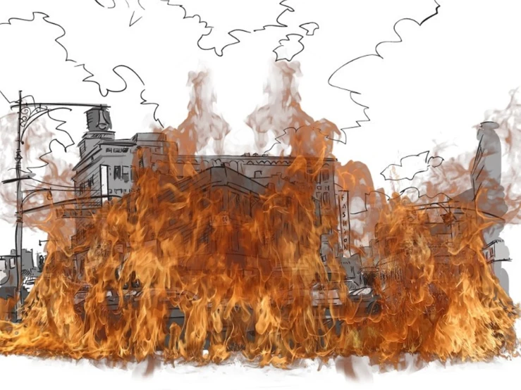 a drawing of a fire burning in front of a building, by Rodney Joseph Burn, digital art, white background, grimy streets backdrop, performance, digital illustration -