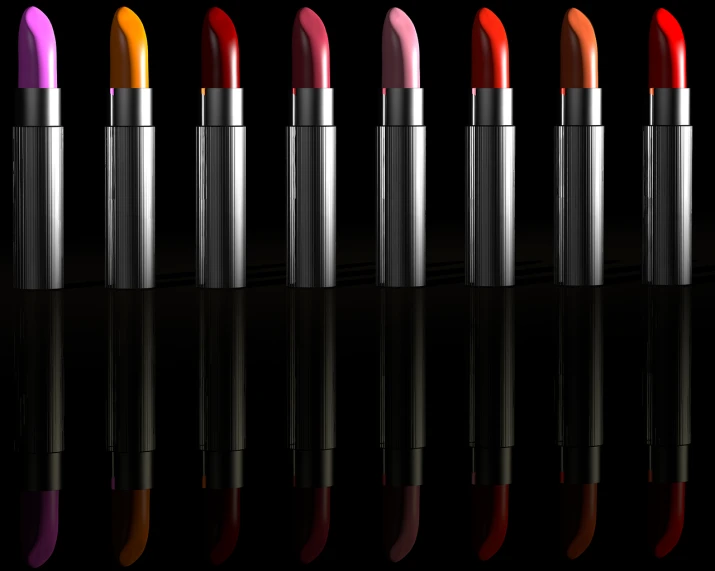 a row of different colored lipsticks on a black surface, a digital rendering, by Andrei Kolkoutine, silver, rendered on unreal 3 d, nine separated hd, digital art. photo realistic