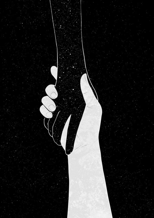 a black and white drawing of a hand holding a string, a black and white photo, tumblr, starry, alena aenami and android jones, holding each other hands, on a flat color black background