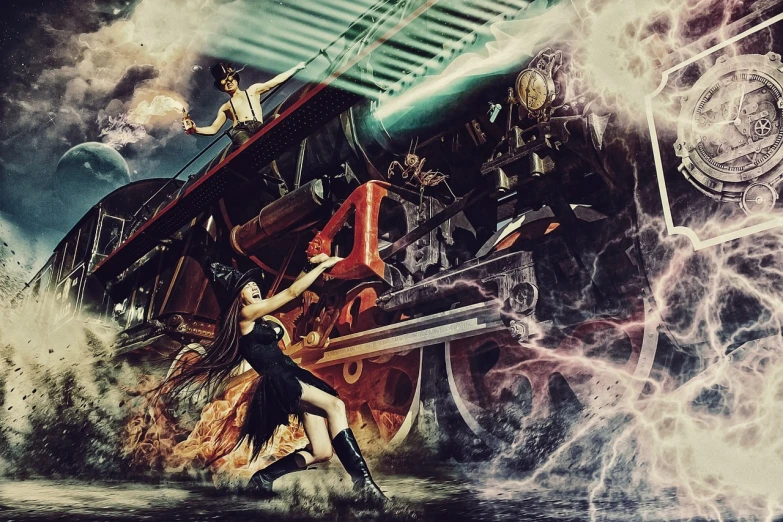 a woman holding a sword in front of a train, inspired by Otto Eckmann, retrofuturism, fire and explosion, gothic locomotive, fighting scene, ((oversaturated))