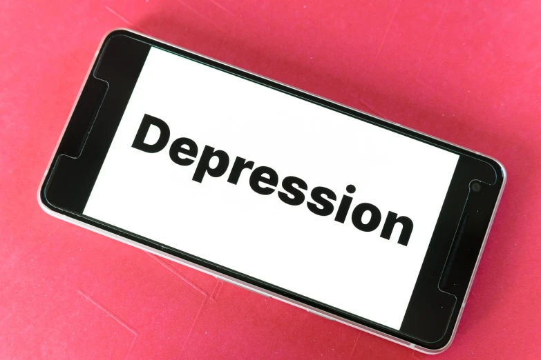 a cell phone with the word depression on it, shutterstock, expressionism, showing forehead, mental health, blank expression, full device