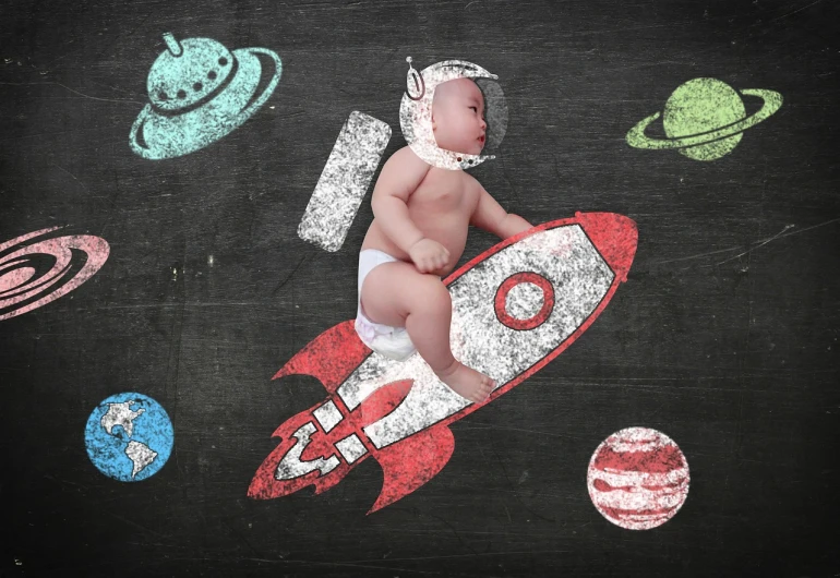 a baby in a space suit sitting on a rocket, chalk art, shutterstock contest winner, stock footage, evolution, thumbnail, 1 2 9 7